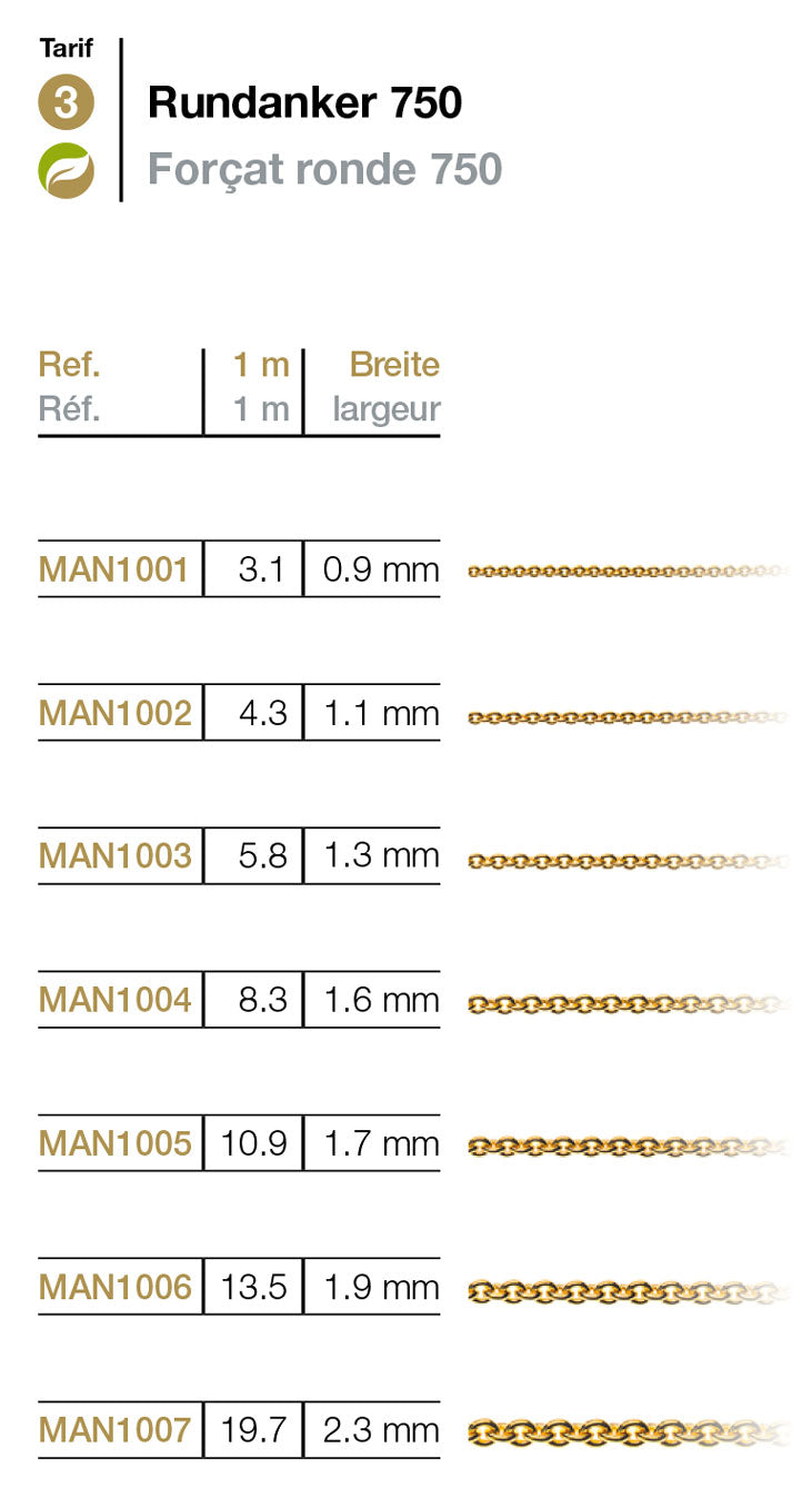 Meterkette Rundanker Gelbgold 750 0.9-2.3mm
