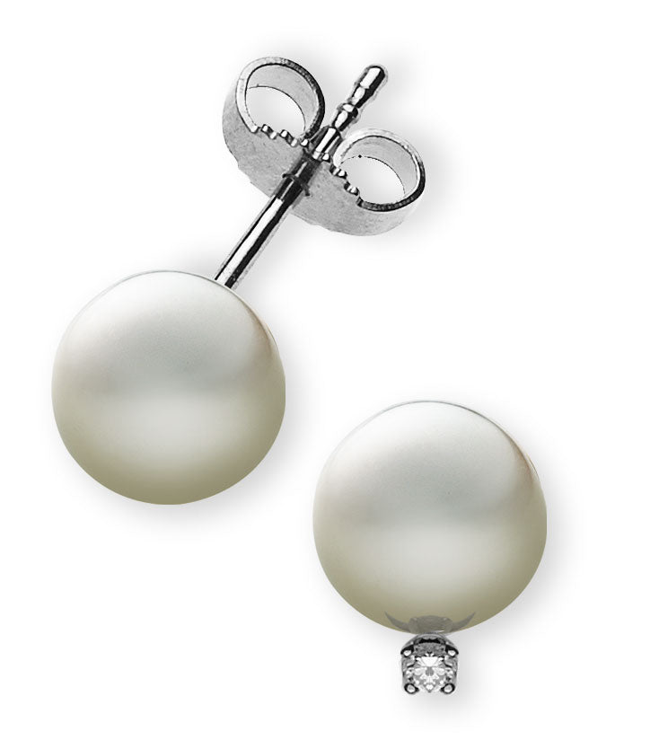 Perlohrringe Weissgold 750 mit weissen Perlen 7mm und 2 Brillanten 0.04ct.