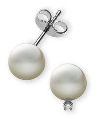 Perlohrringe Weissgold 750 mit weissen Perlen 7mm und 2 Brillanten 0.04ct.