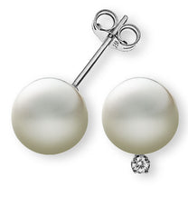 Perlohrringe Weissgold 750 mit weissen Perlen 9mm und 2 Brillanten 0.07ct.