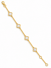 Baby Kinder Gelbgold Armband mit 4 Perlmutt-Blüten