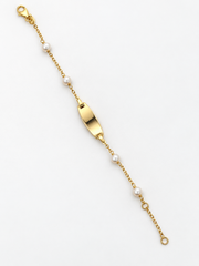 Baby Kinder Gelbgold ID-Armband mit 4 Perlen &amp; Gratis Gravur