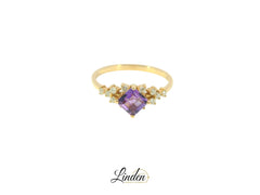 Bague exclusive en or jaune avec améthyste et diamants – Bijou 18 carats, taille 54 - YZ0003344 