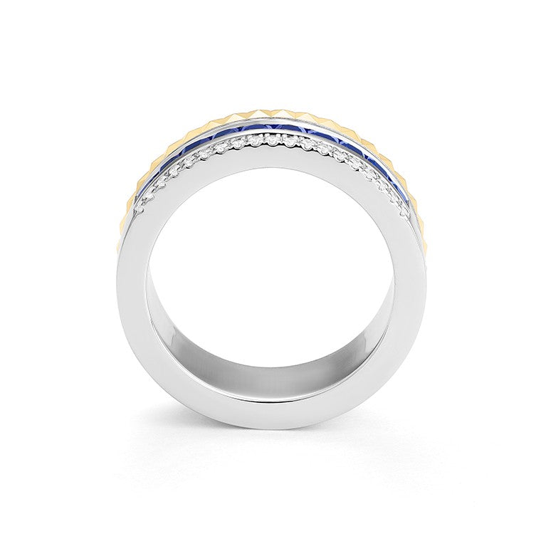 Facet Cnc Ring halbgefasster Memoirering in 750/18 Karat Bicolor mit Baguette, Saphir