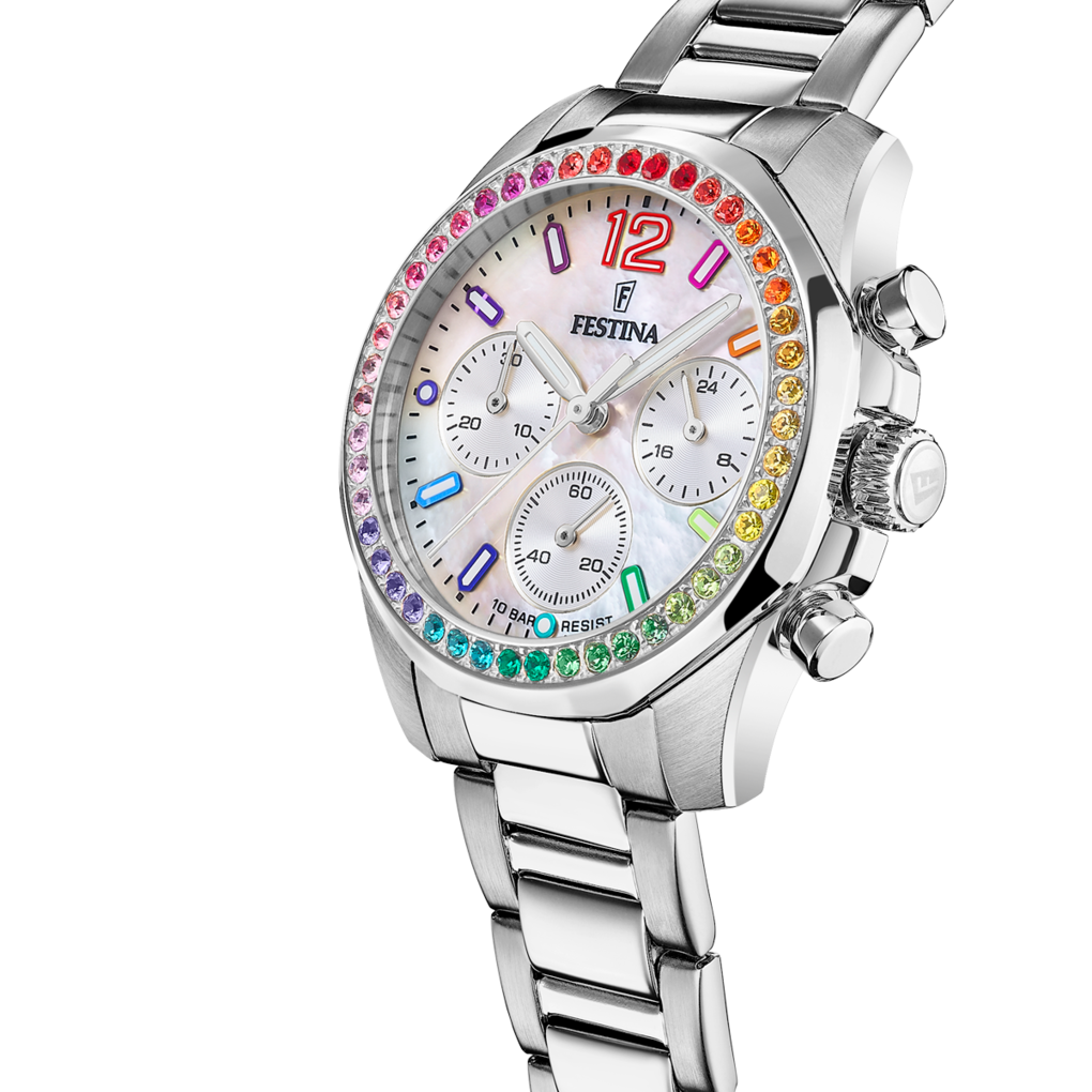 Festina Damenuhr Swiss Made Boyfriend Rainbow - Perlmutt Edelstahl Armband - F20606/2