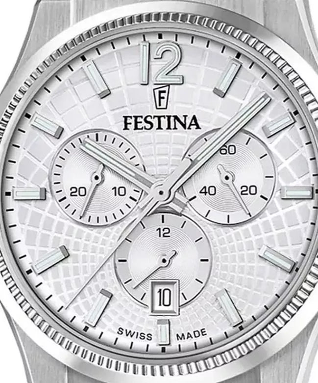 Festina Swiss Rivé Chrono 42 Schwarzes Leder / Silber & Weiss Herrenuhr - F20060/1