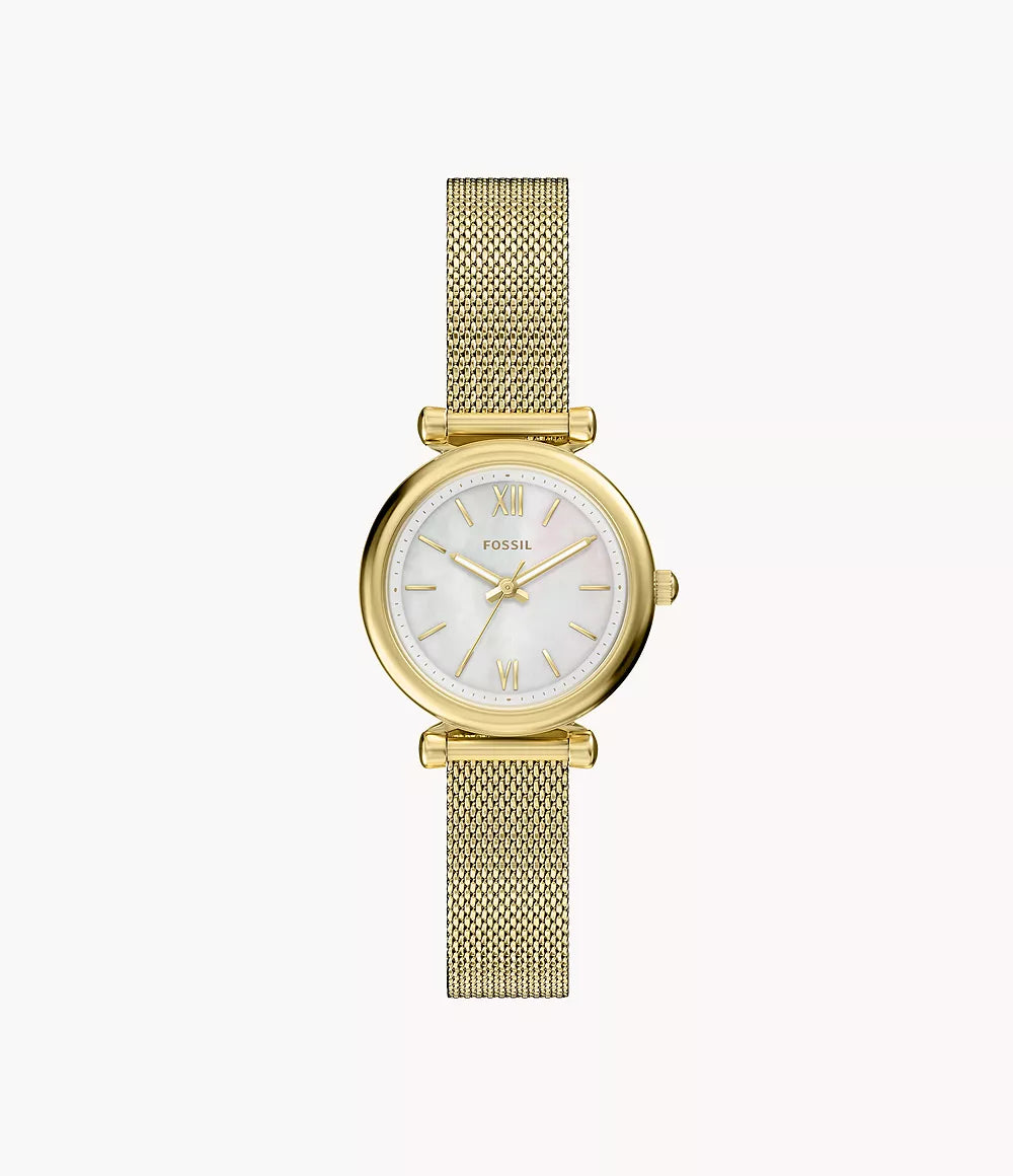 Fossil Carlie Mini Damenuhr Gold mit weissem Perlmuttzifferblatt und Milanaise-Edelstahlarmband 28 mm