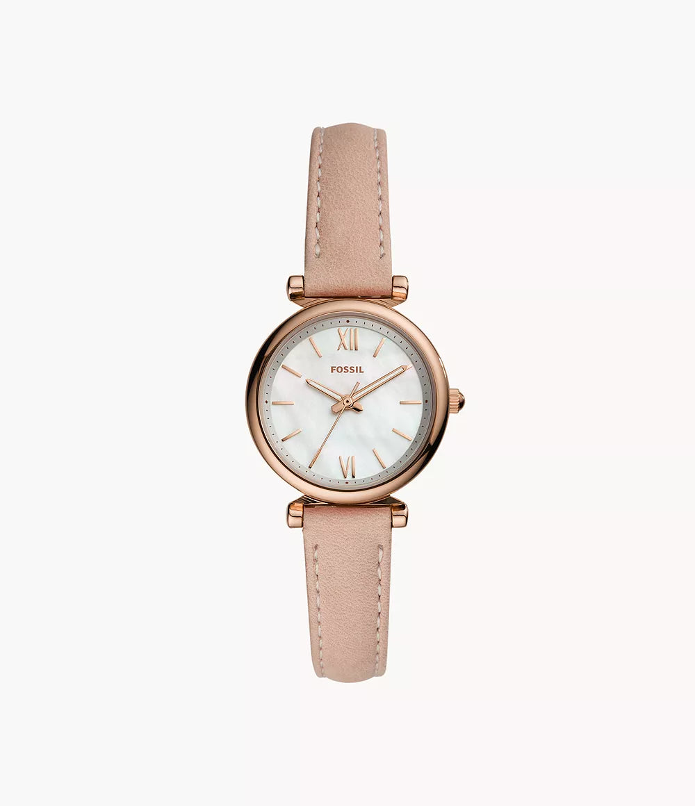 Fossil Carlie Mini Damenuhr Roségold mit Perlmuttzifferblatt und roséfarbenem Lederarmband 28 mm&nbsp;