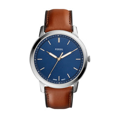 Fossil MINIMALIST Herrenuhr Silber Blau Braun Leder 44 mm Quarz 3-Zeiger - FS5304