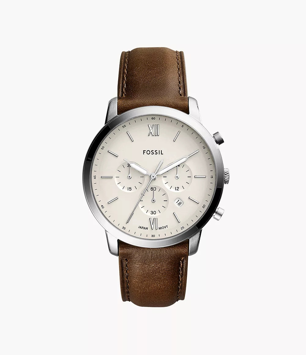 Fossil Neutra Chronograph Herrenuhr Silber mit cremefarbenem Zifferblatt und braunem Lederarmband 44 mm&nbsp;