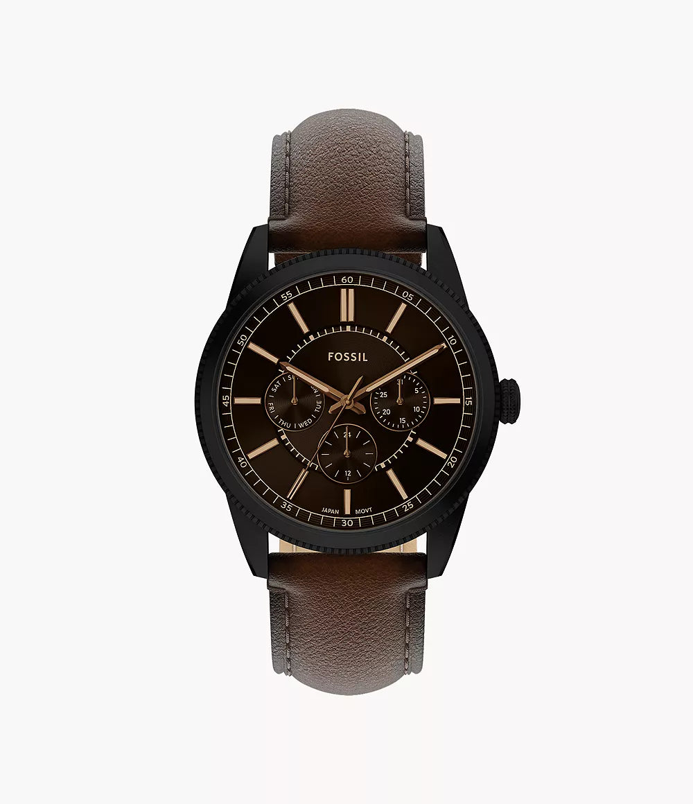 Fossil Pearson Day Date Multifunktion Herrenuhr Schwarz/Braun mit Lederarmband 42 mm