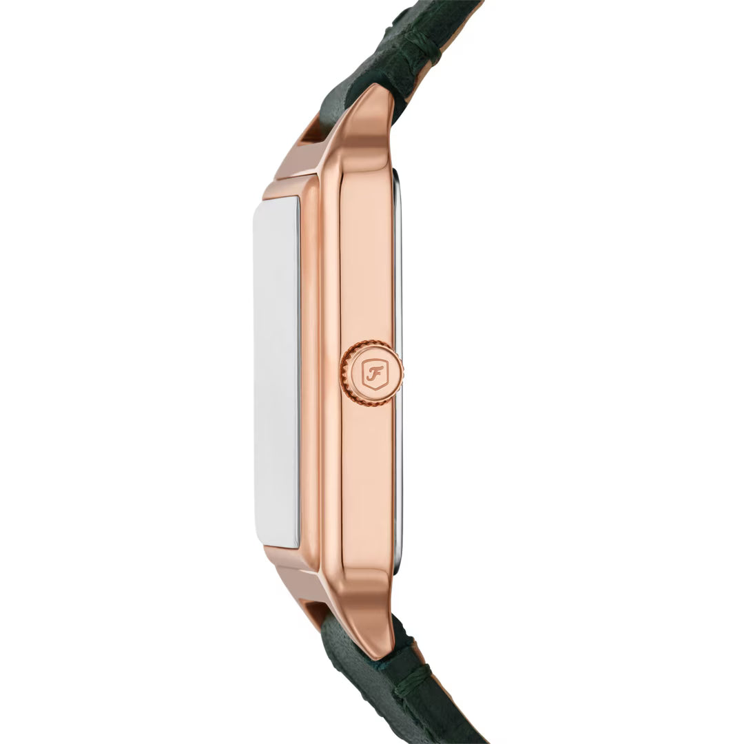 Fossil Raquel Quarz 23 MM Damenuhr in Rosegold/Grün aus Pro-Planet Leder mit Datum - ES5366