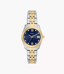 Fossil Scarlette Damenuhr Bicolor Gold/Silber mit blauem Zifferblatt und Edelstahlarmband 33 mm