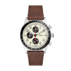 Fossil SPORT TOURER Herrenuhr Silber Cream Braun Leder 42 mm Quarz Chronograph - FS6042