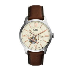 Fossil TOWNSMAN Herrenuhr Automatik Silber Creme Braun Leder 44 mm - ME3266