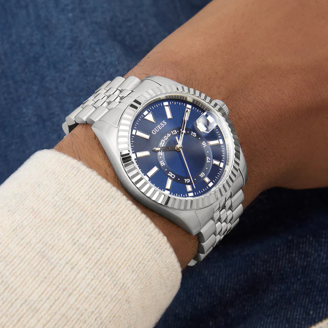 Guess Jaden Date Silber Blau Herren Uhr
