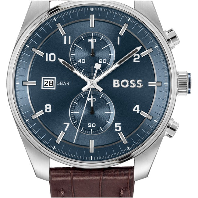 Hugo Boss Skytraveller Chronograph Leder Braun / Silbrig & Blau Herrenuhr - 1514194