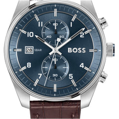 Hugo Boss Skytraveller Chronograph Leder Braun / Silbrig & Blau Herrenuhr - 1514194