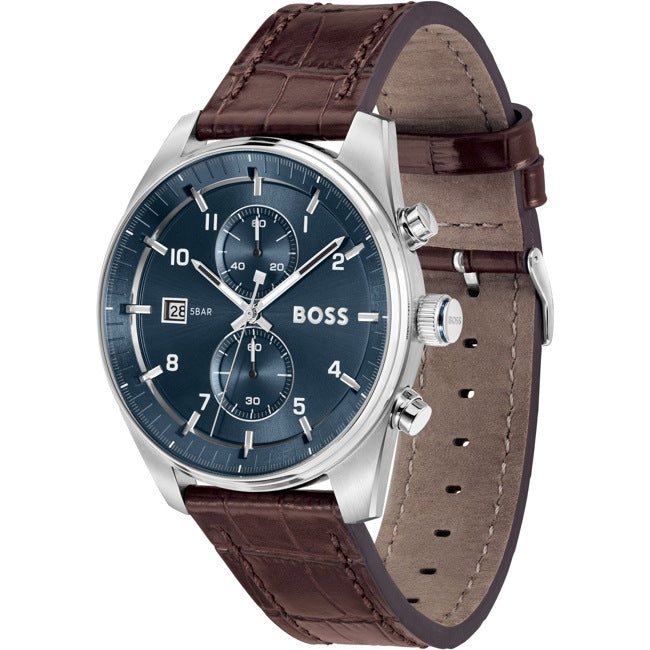 Hugo Boss Skytraveller Chronograph Leder Braun / Silbrig & Blau Herrenuhr - 1514194