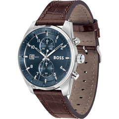 Hugo Boss Skytraveller Chronograph Leder Braun / Silbrig & Blau Herrenuhr - 1514194