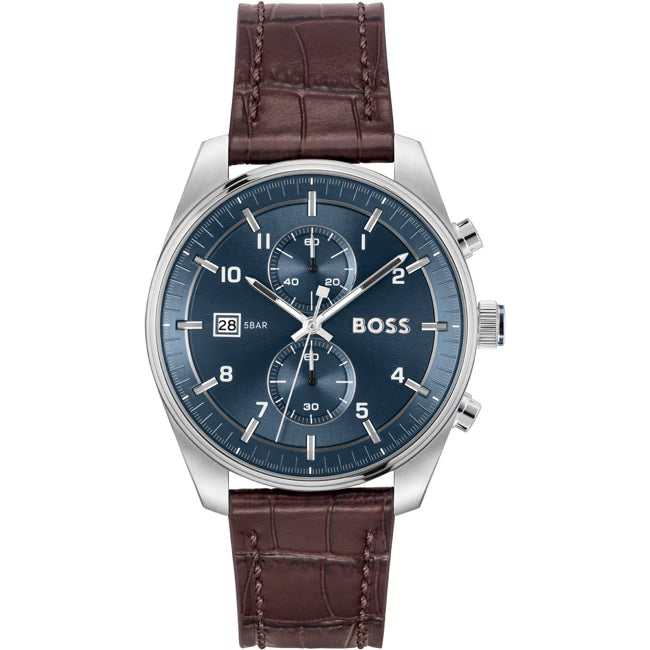 Hugo Boss Skytraveller Chronograph Leder Braun / Silbrig & Blau Herrenuhr - 1514194