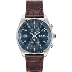 Hugo Boss Skytraveller Chronograph Leder Braun / Silbrig & Blau Herrenuhr - 1514194