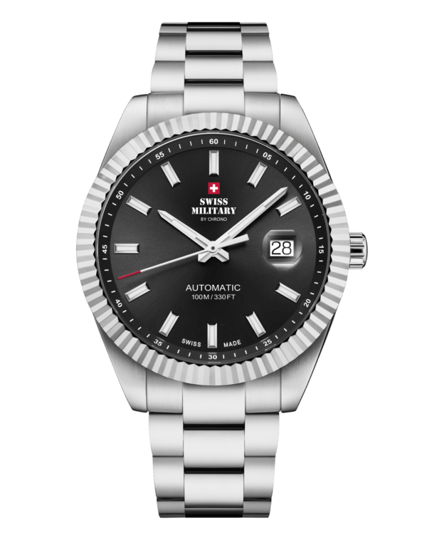 Klassische Schweizer Automatikuhr – Schwarz, Stahl  Swiss Military Herrenuhr - SMA34110.01