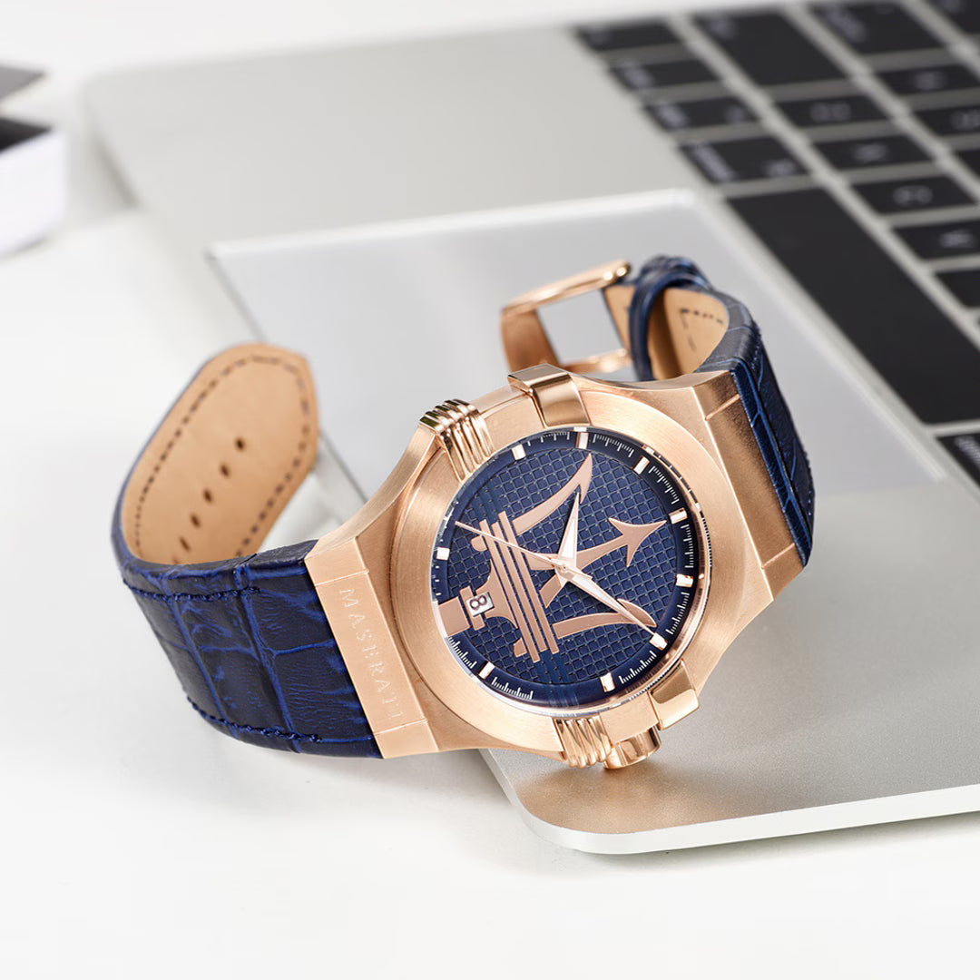 Maserati Potenza Blau Leder Quarz Uhr