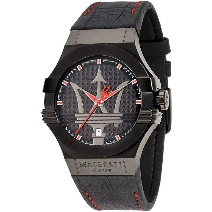 Maserati Potenza Schwarz Leder Quarz Herrenuhr