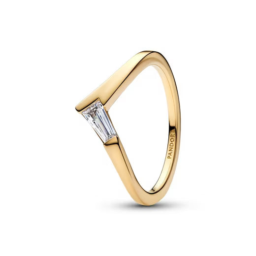 Der Pandora Timeless Tiara Baguette-Ring mit edler 14K Gelbgold-Vergoldung und funkelndem weissem Zirkonia