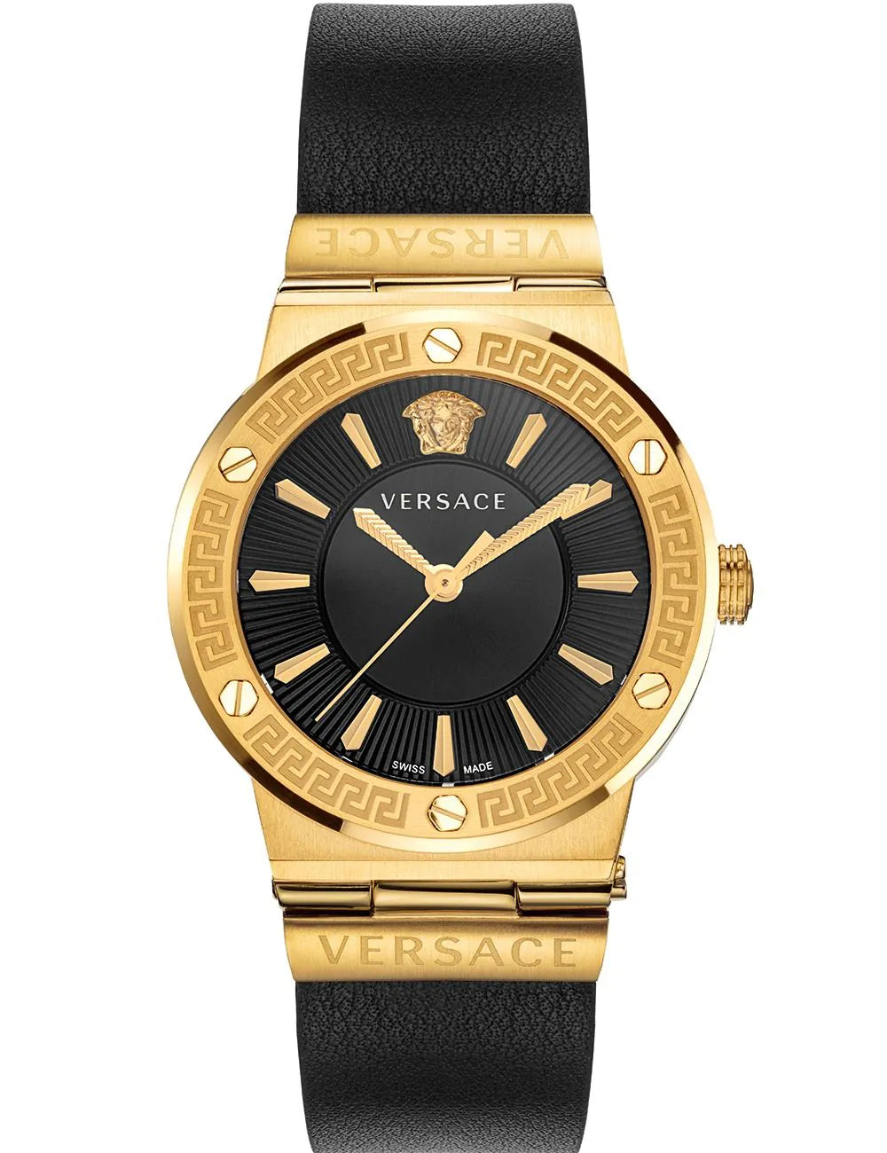 Versace Damen Uhr Schwarz Gold Leder Greca Logo Elegant
