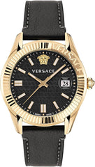 Versace Greca Time Herren Lederuhr Schwarz Gold
